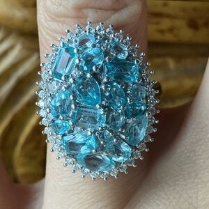 Natural Blue Apatite Moissanite Sterling Silver Cocktail Ring Size 6